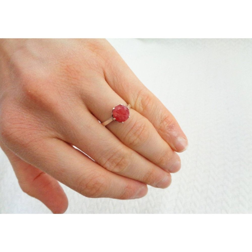 Natural Red Rhodonite Ring, Natural Faceted Rhodonite Sterling Silver Size 7.5